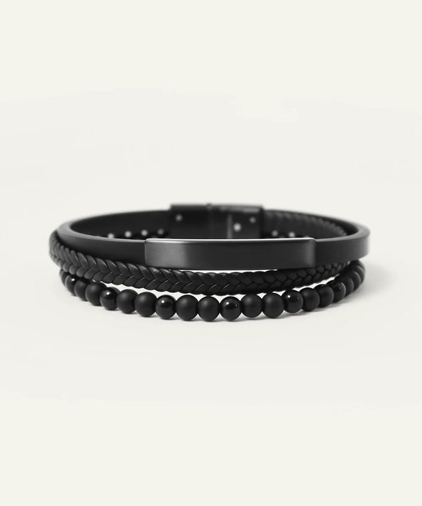 Men's triple band leather beaded bracelet by