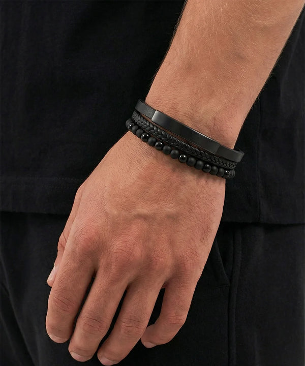 Close-up of leather bracelet with bead detailing