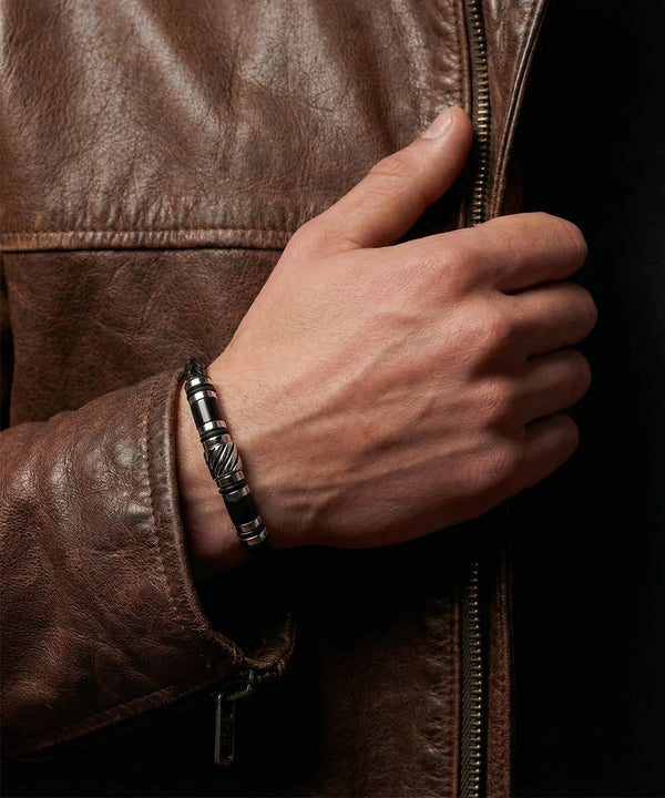Men's black leather beaded bracelet by