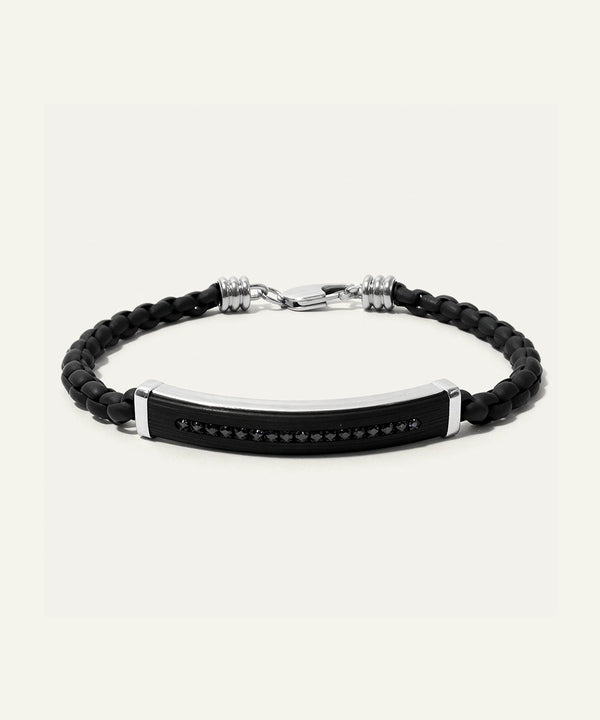 men's black leather and stainless steel CZ bracelet