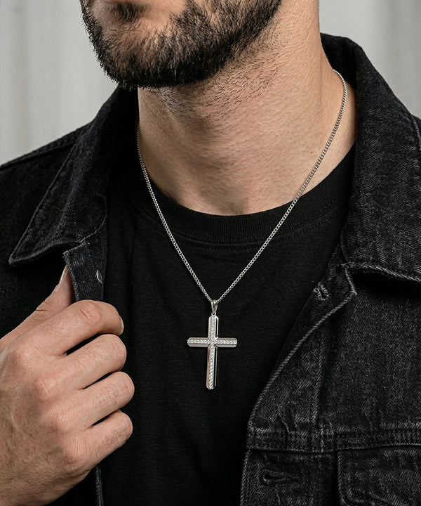 Men's silver lab-grown diamond cross pendant by