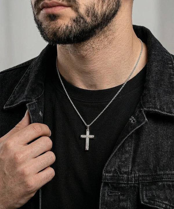Silver cross pendant with round lab-grown diamonds for men