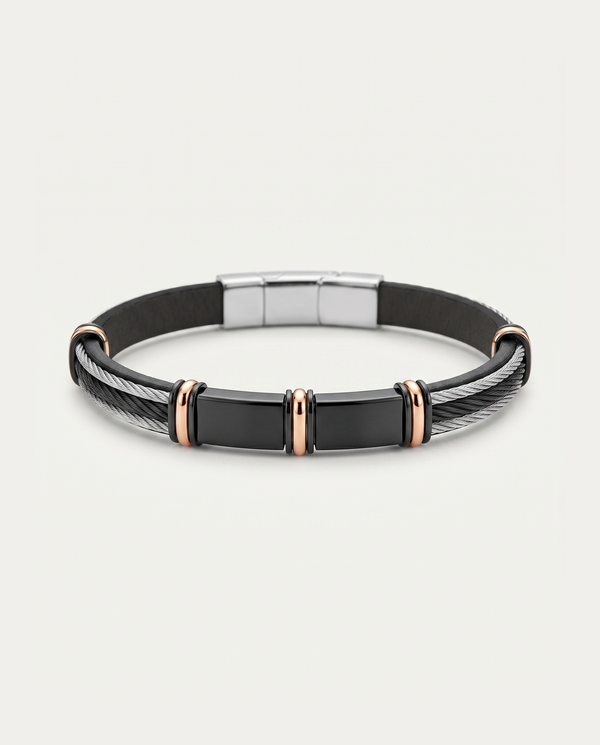 men's black leather ID bracelet