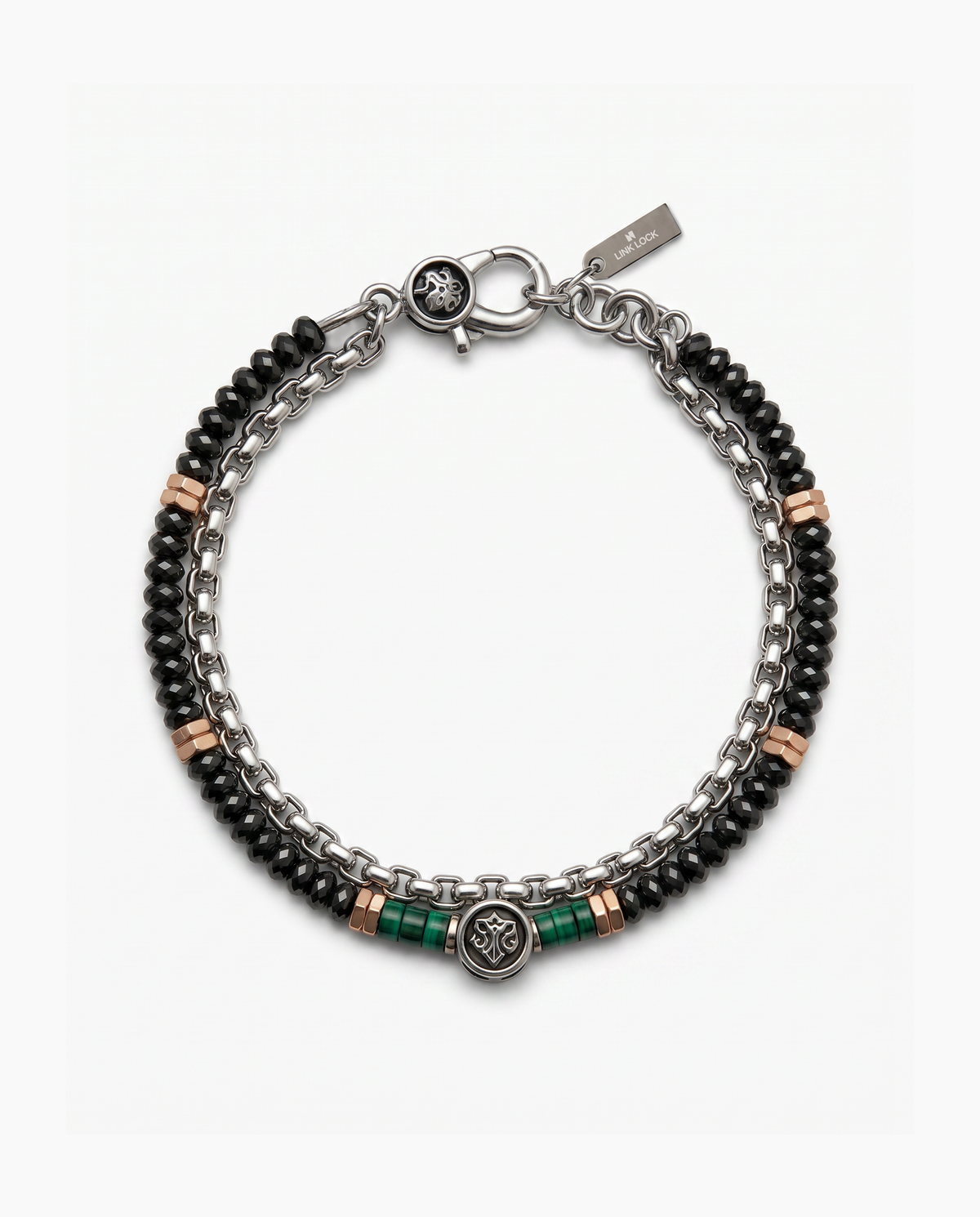 A men's multi-strand bracelet featuring black faceted beads, silver-tone chain links, rose gold spacer beads, and green accent beads, with a round medallion charm and lobster clasp closure.