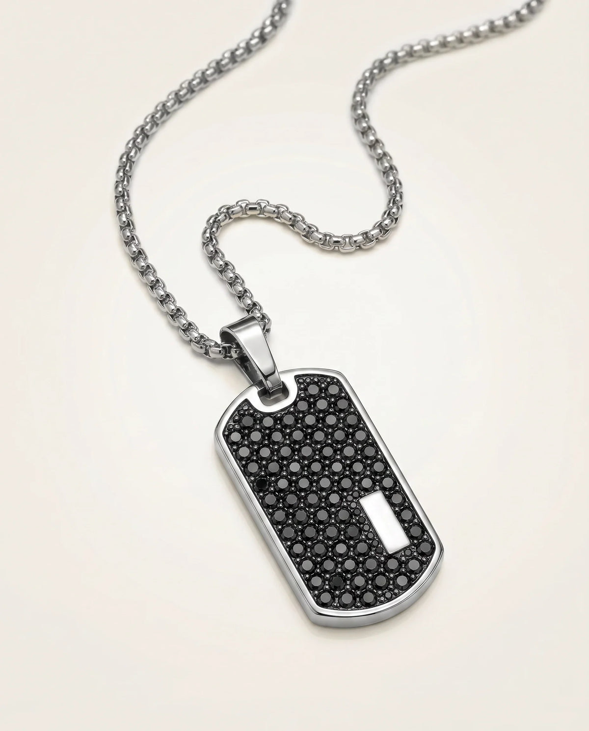 Men's stainless steel dog tag pendant with black CZ detail