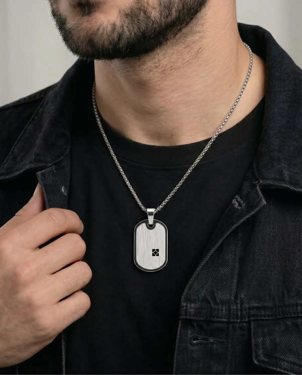 Close-up of classic dog tag pendant