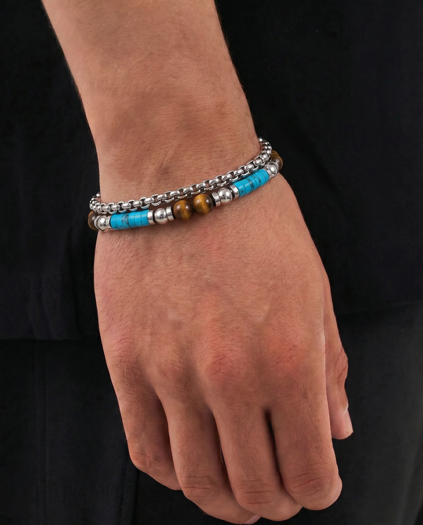 Synthetic Turquoise & Tiger's Eye Beaded Bracelet