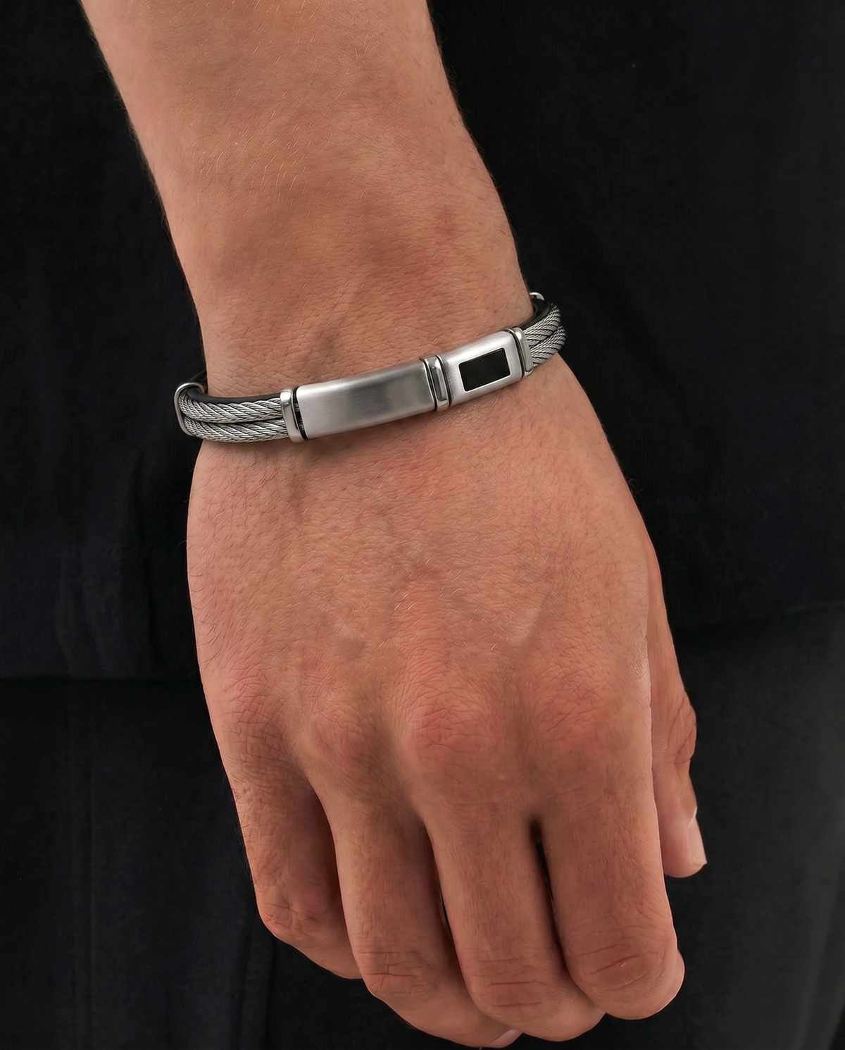 Men's black leather ID bracelet by