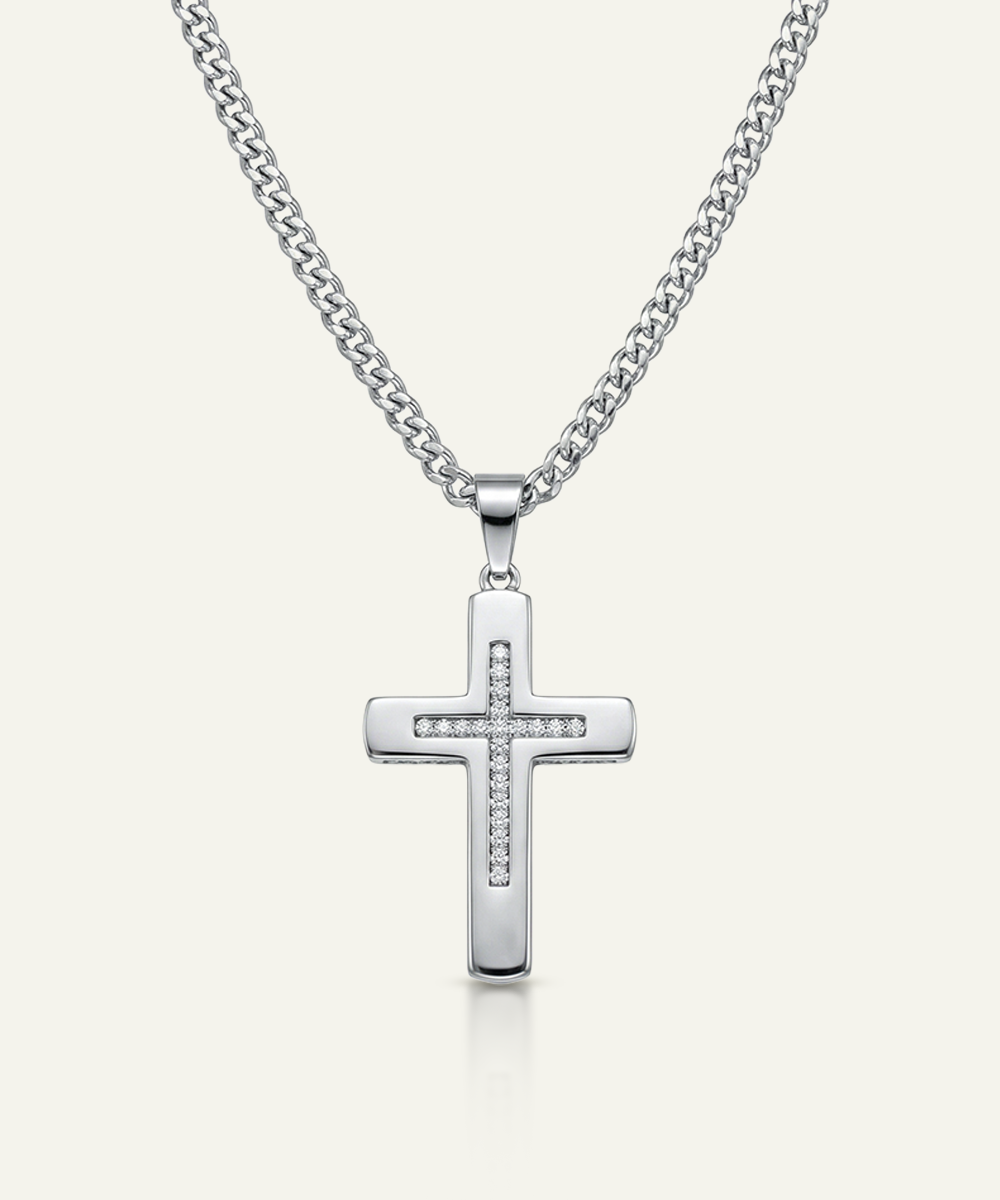 Men's white CZ cross pendant with curb chain by