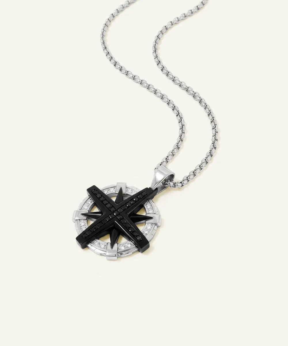 Men's stainless steel compass necklace with 24-inch round box chain