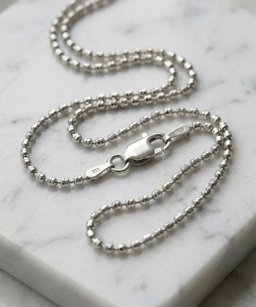 Close-up of sterling silver bead links