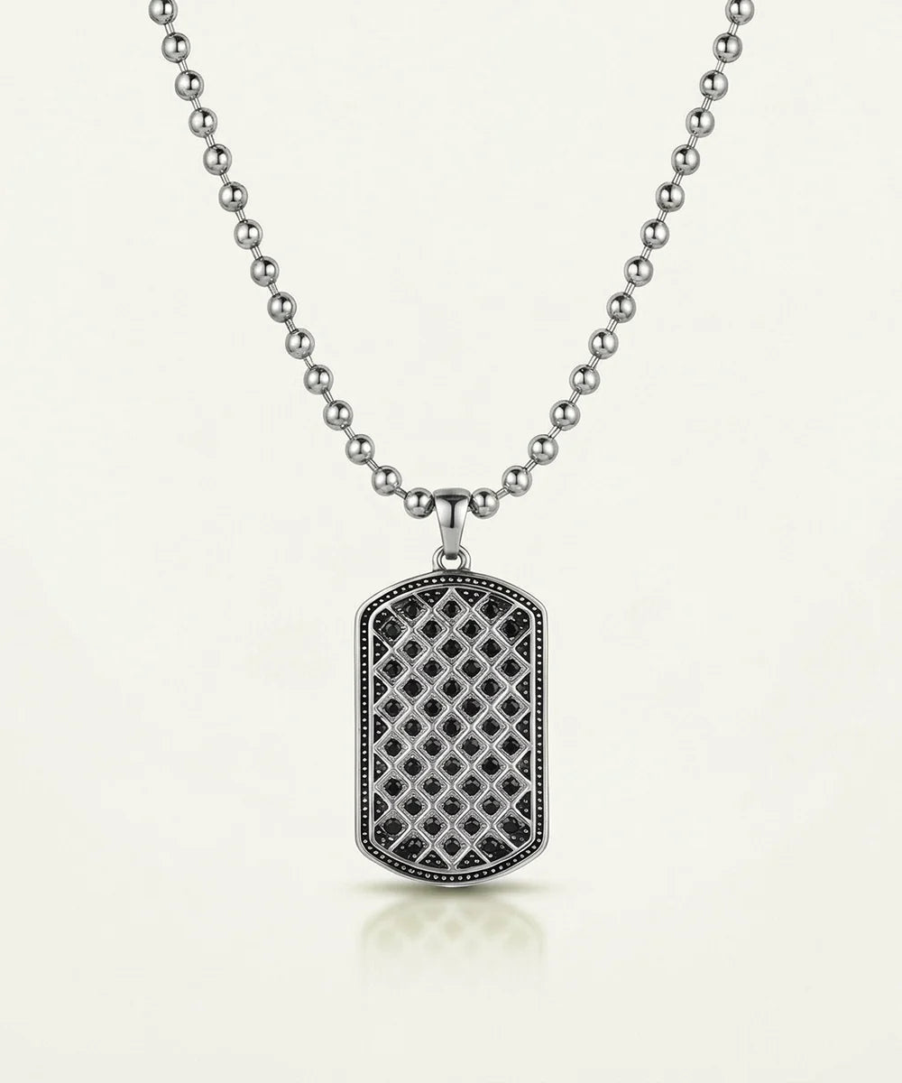 men's black cubic zirconia stainless steel dog tag pendant with bead chain