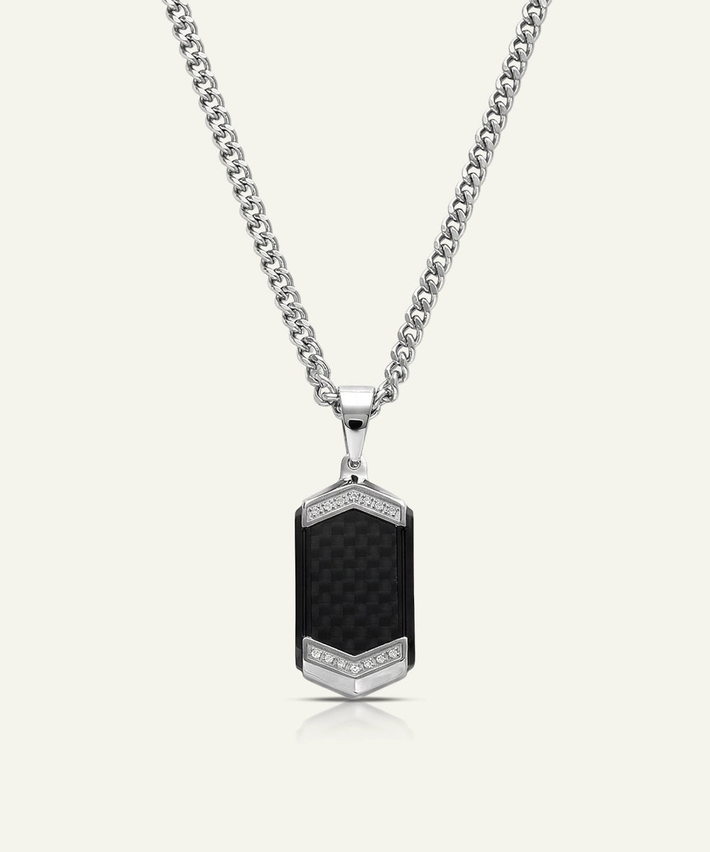 Men's CZ dog tag pendant with curb chain by