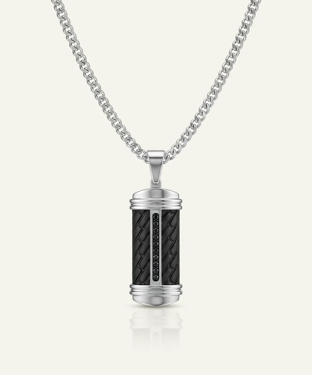 Men's black CZ dog tag pendant with curb chain by