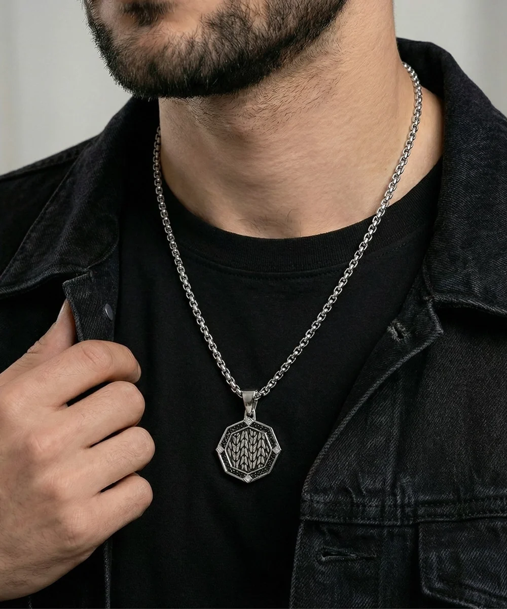 Men's stainless steel octagonal pendant with 24-inch box chain
