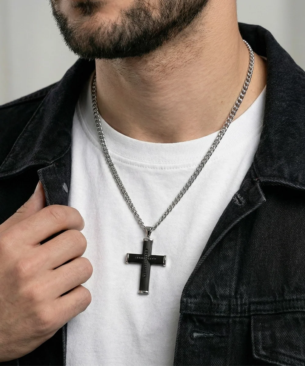 Men's stainless steel cross necklace with 24-inch curb chain