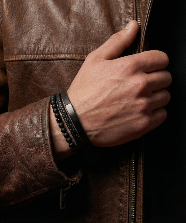 Men's layered leather bracelet with triple band design