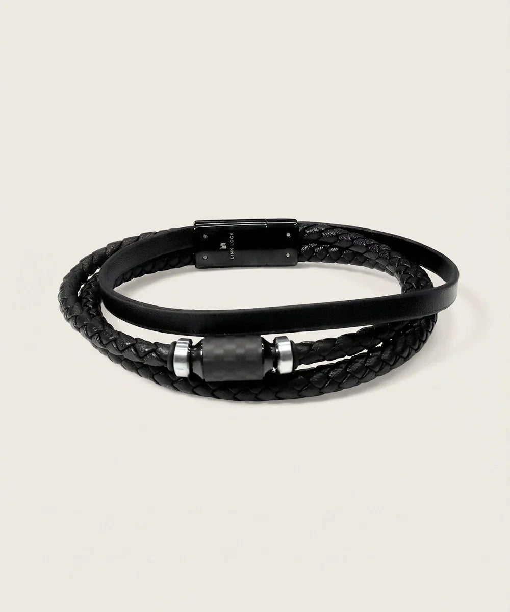 Men's black triple band leather bracelet by