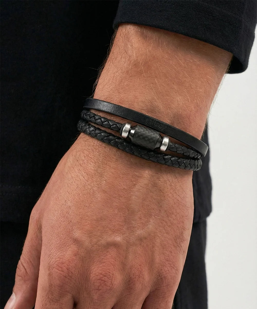 Close-up of leather bracelet with bead detail