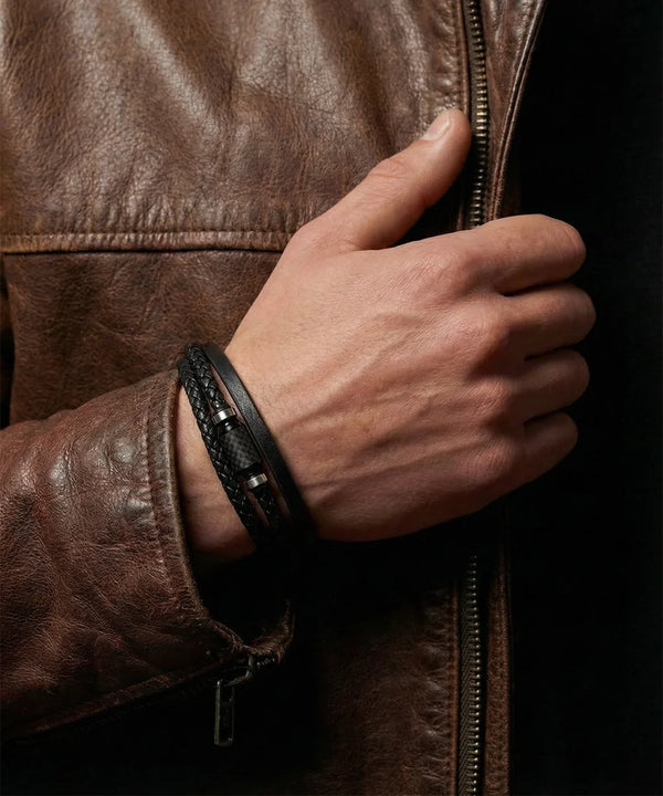 Men's layered black leather bracelet with triple band design
