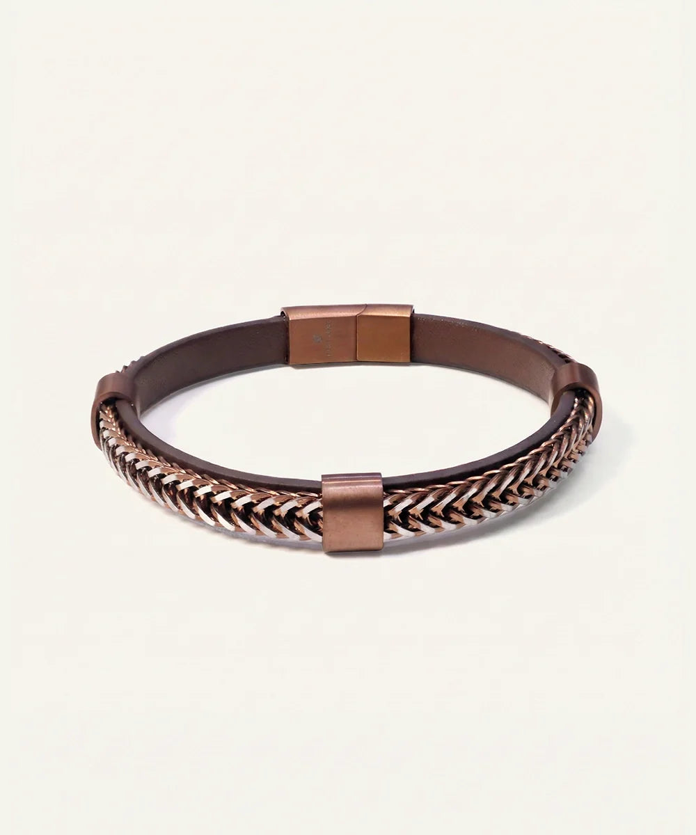 men's brown leather and bronze-tone braided bracelet