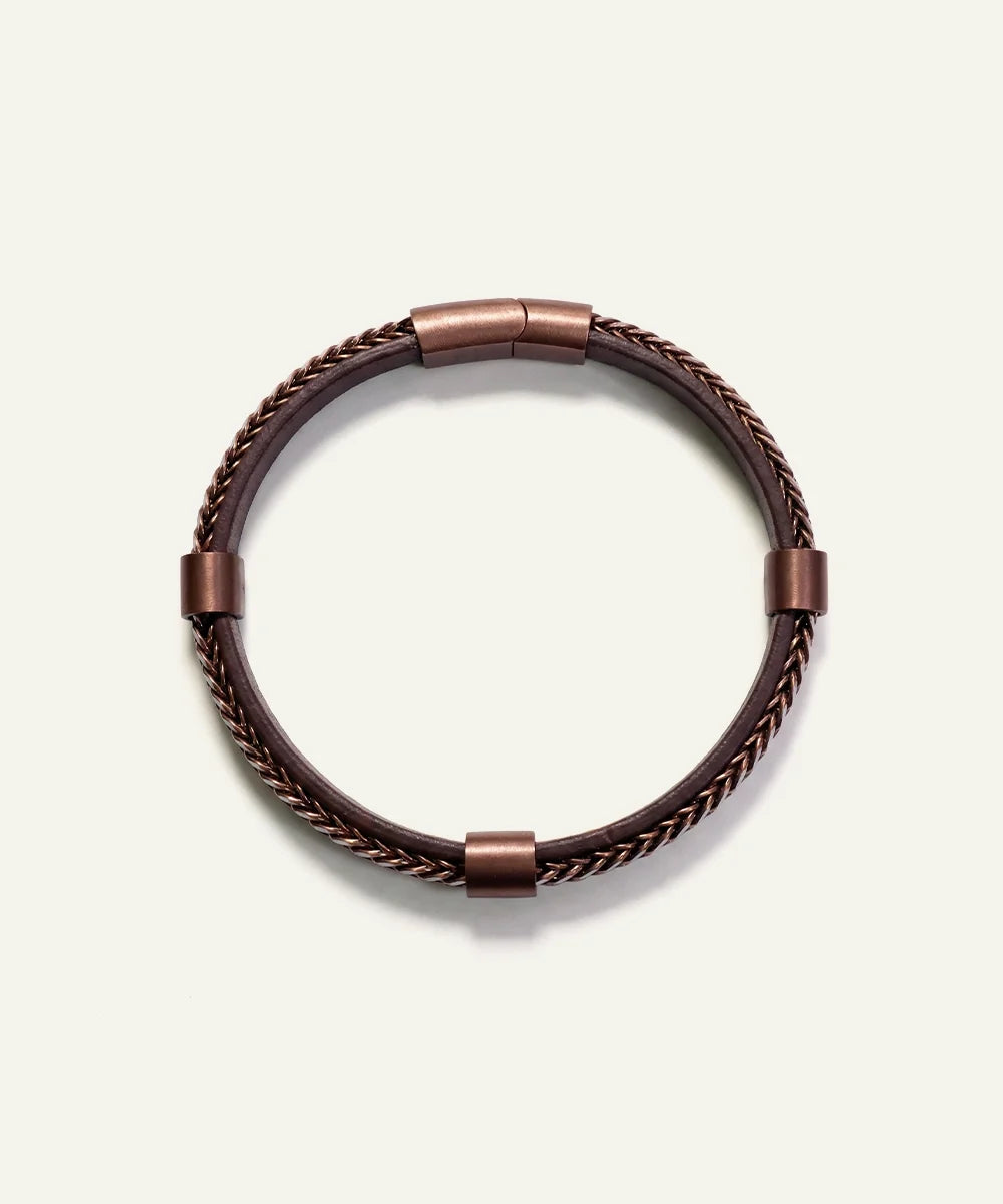 Men's brown leather bracelet with bronze-tone chain detail