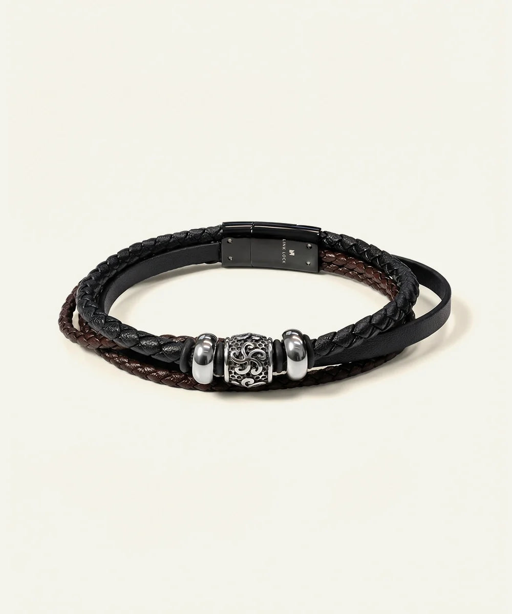 men's braided 3-band leather bracelet with beads