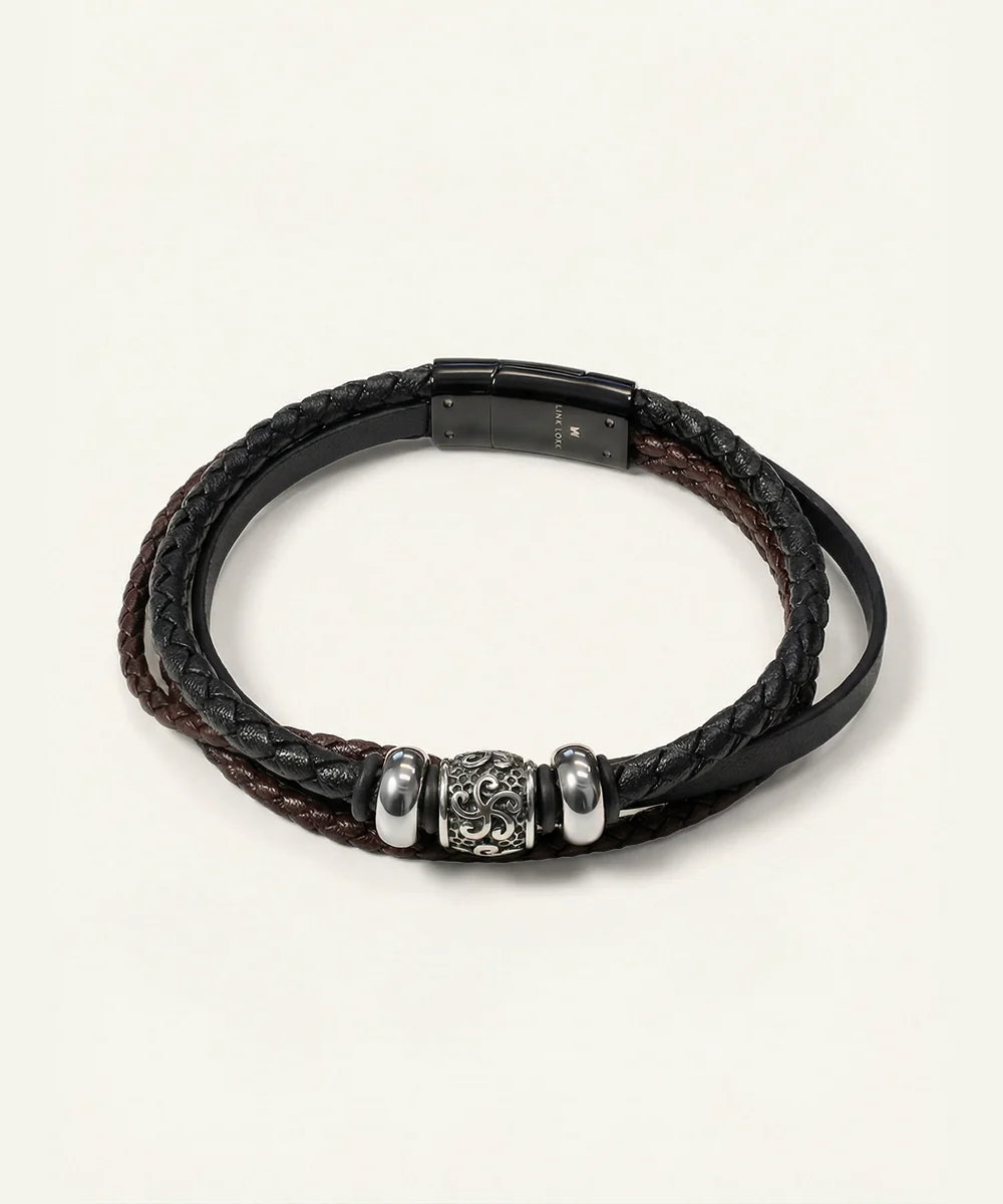 Men's layered leather bracelet with bead detailing