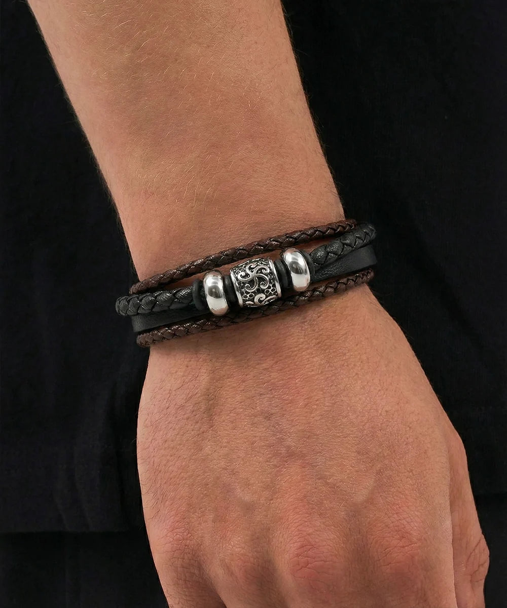 Close-up of 3-band leather bracelet