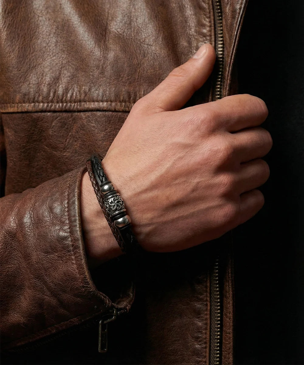 Men's braided leather and bead bracelet by