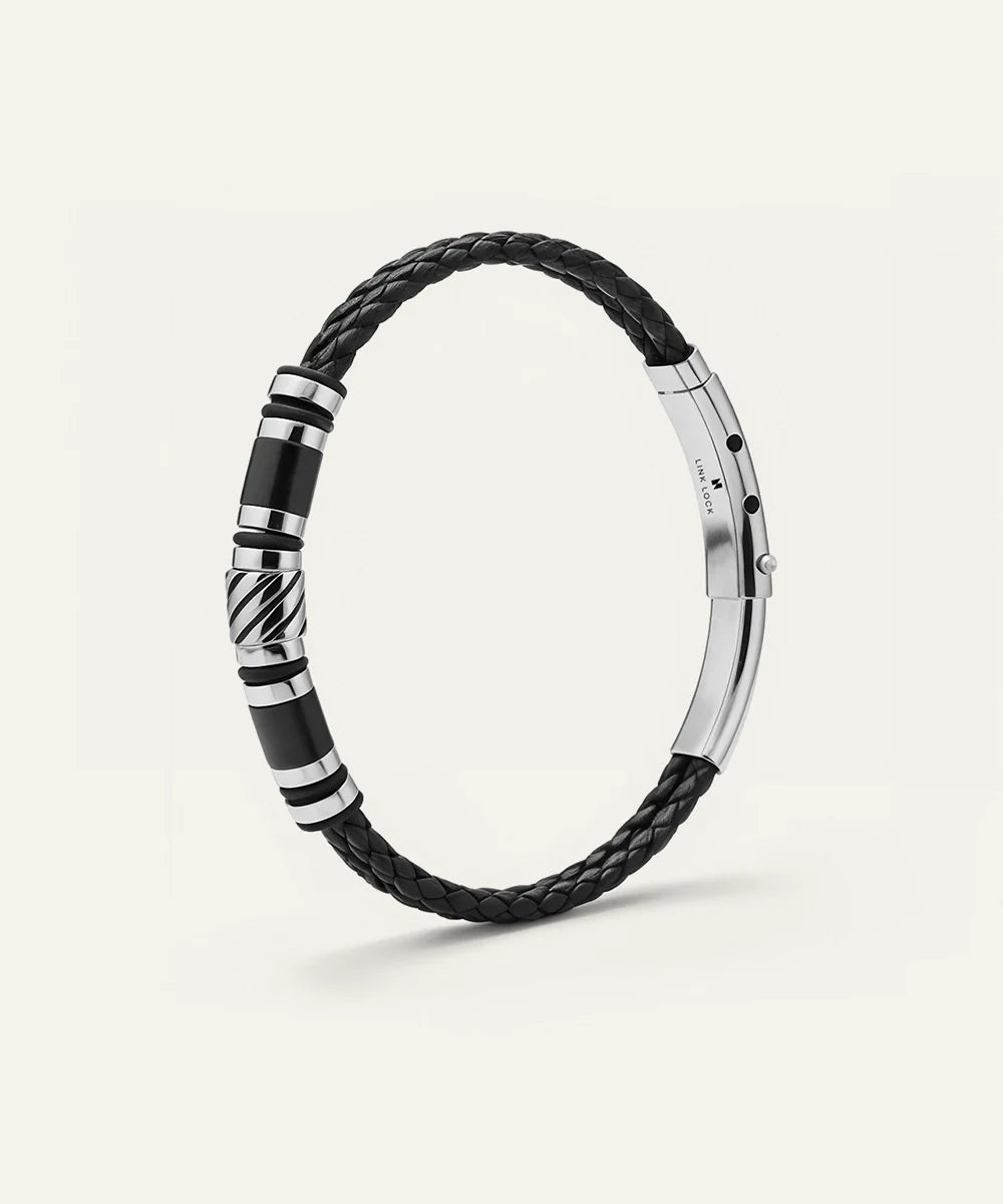 Men's black leather bracelet with enamel detail
