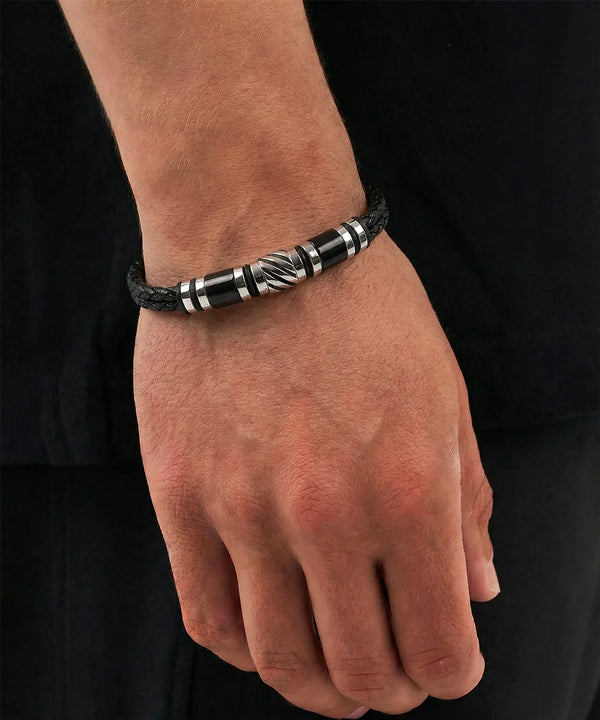 Close-up of leather bracelet with steel beads