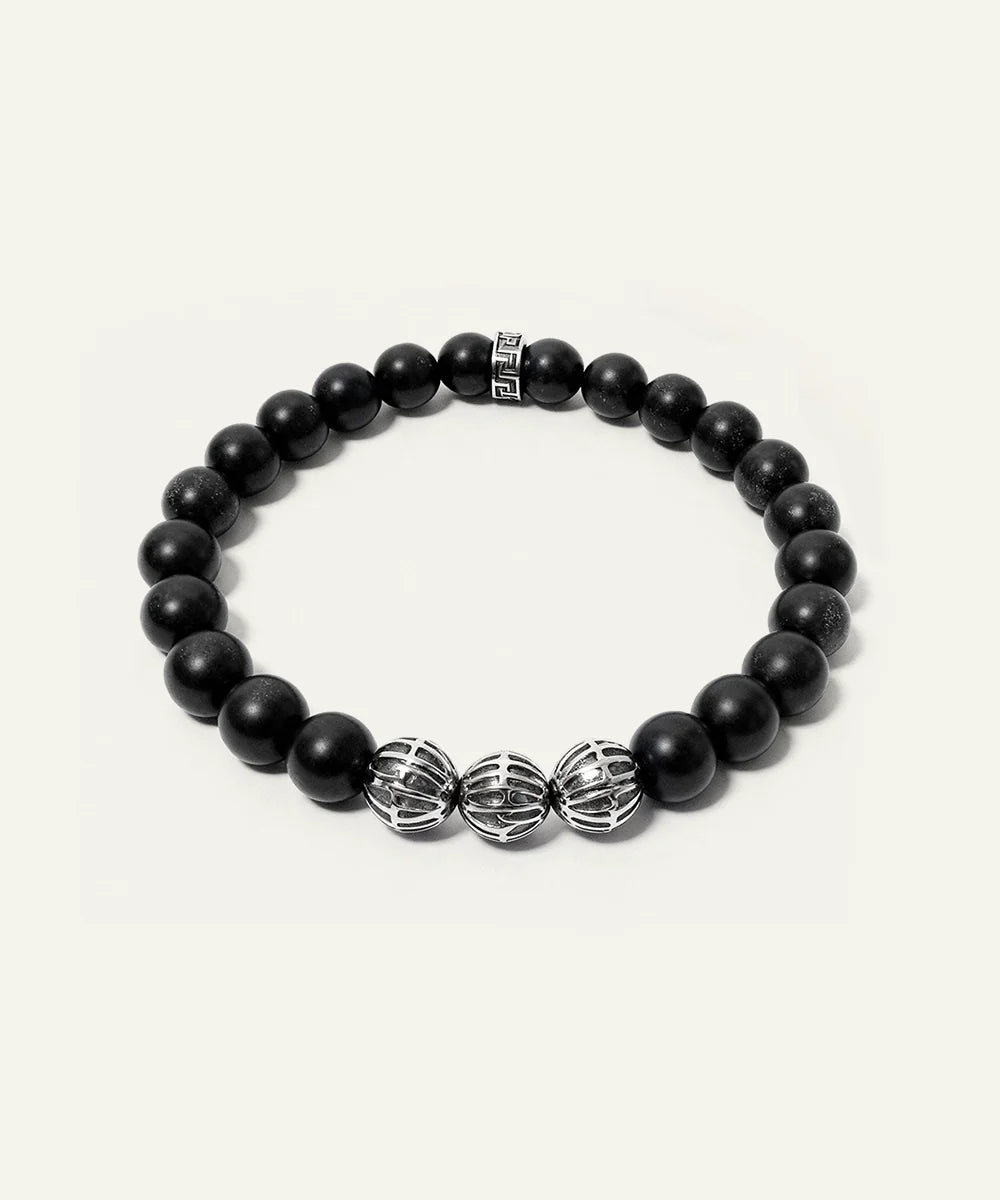 Men's stainless steel beaded bracelet with lion head detail