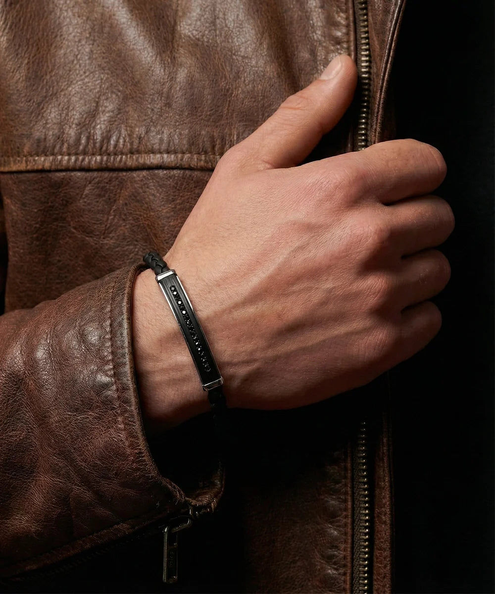 Men's black leather stainless steel bracelet by