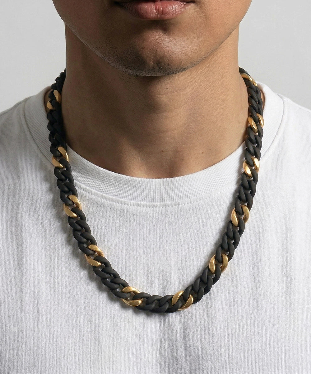 men's two-tone black and gold stainless steel curb chain necklace on model