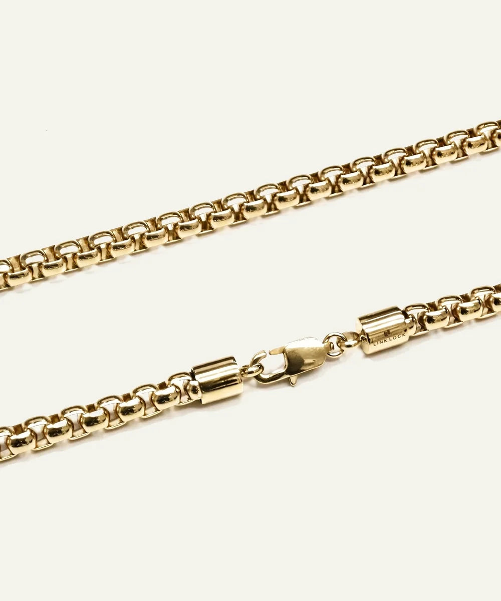men's gold-toned box chain necklace detailing clasp and logo end cap