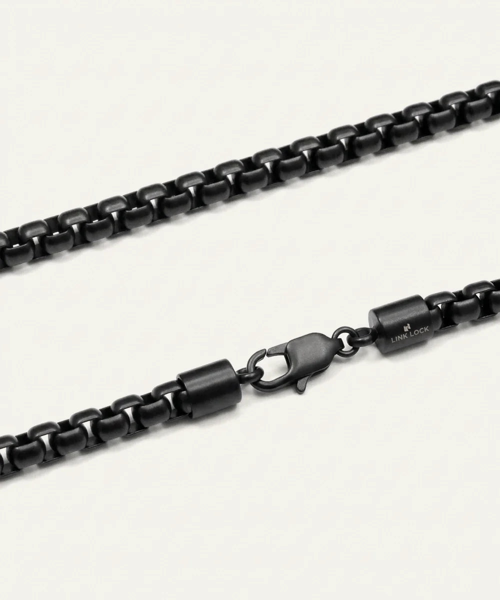 men's black stainless steel box chain necklace detailing clasp and logo end cap