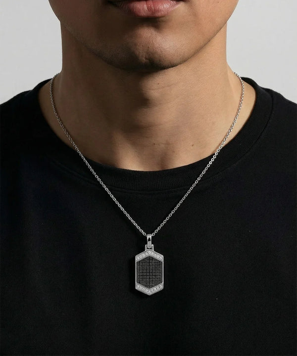 Close-up of diamond dog tag pendant