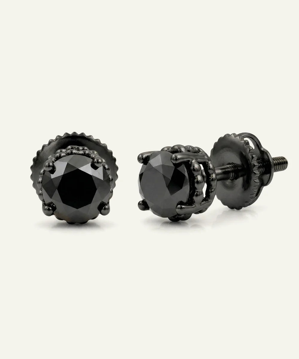Front view of men's black diamond stud earrings in black finish