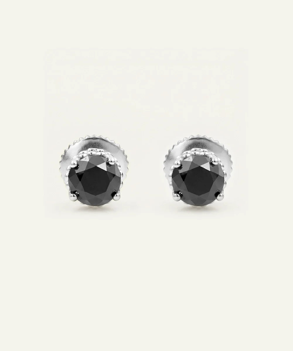 men's black diamond stud earrings in silver finish