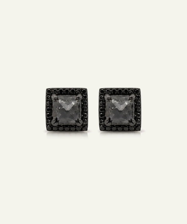 Black Diamond Princess Halo Studs Earrings