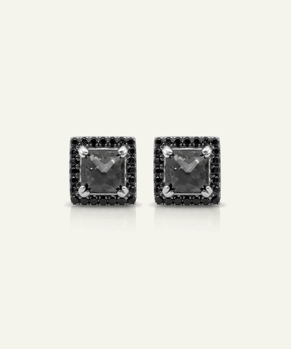 men's black diamond princess halo stud earrings in silver finish