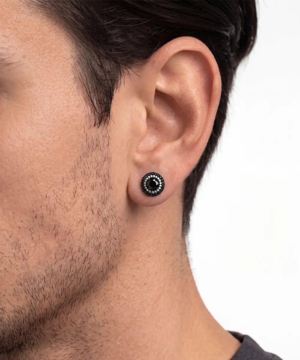 Front view of men's round black diamond cluster stud earrings in black finish