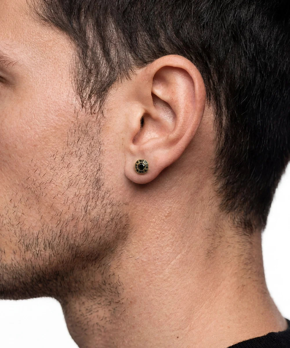 Side view of vermeil black diamond stud earrings