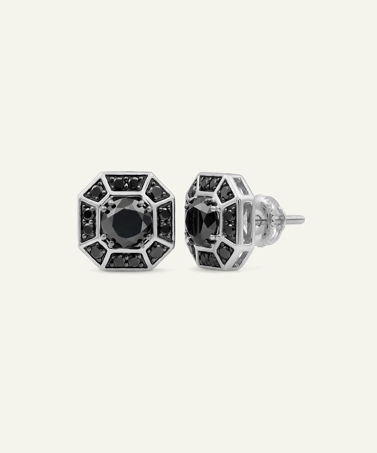Close-up of men's Asscher black diamond studs in silver finish