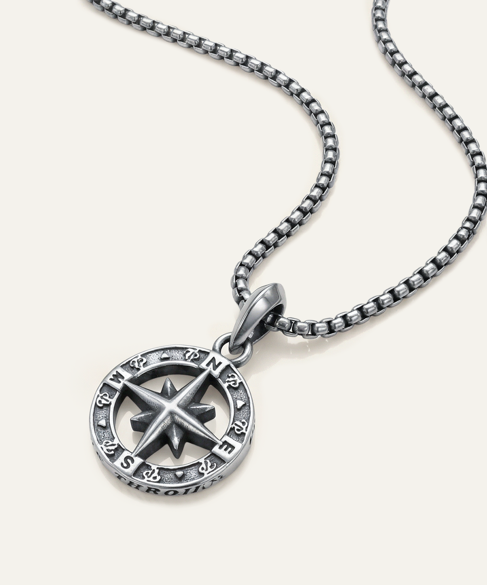 Men's compass necklace with 24-inch round box chain