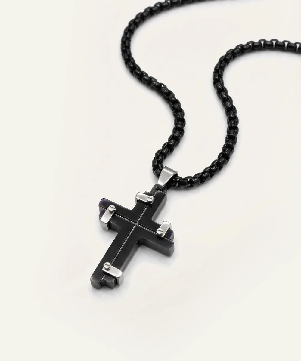 Men's cross necklace with 24-inch round box chain