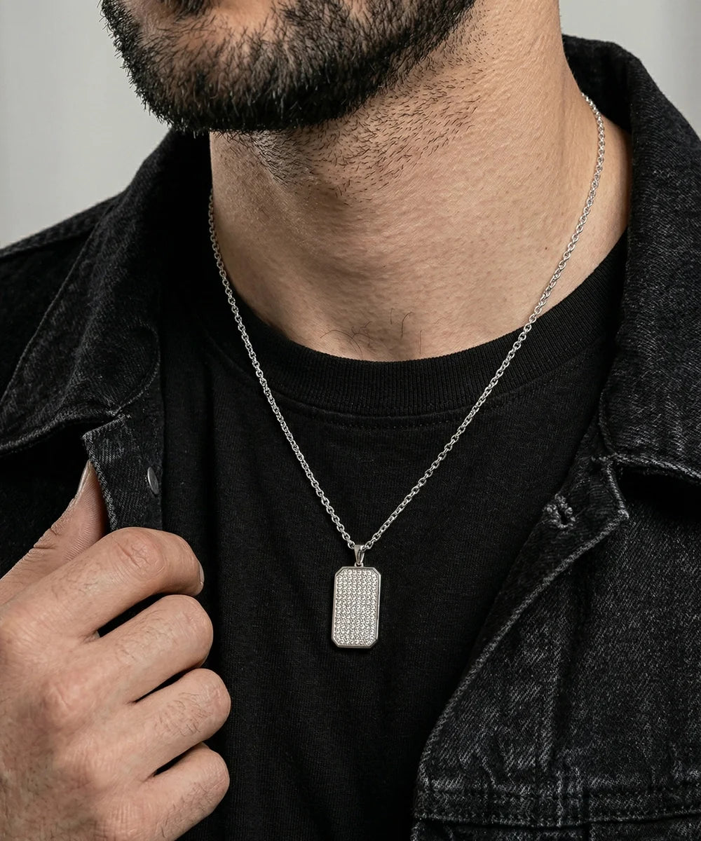 Close-up of 2.3 CTW diamond dog tag pendant
