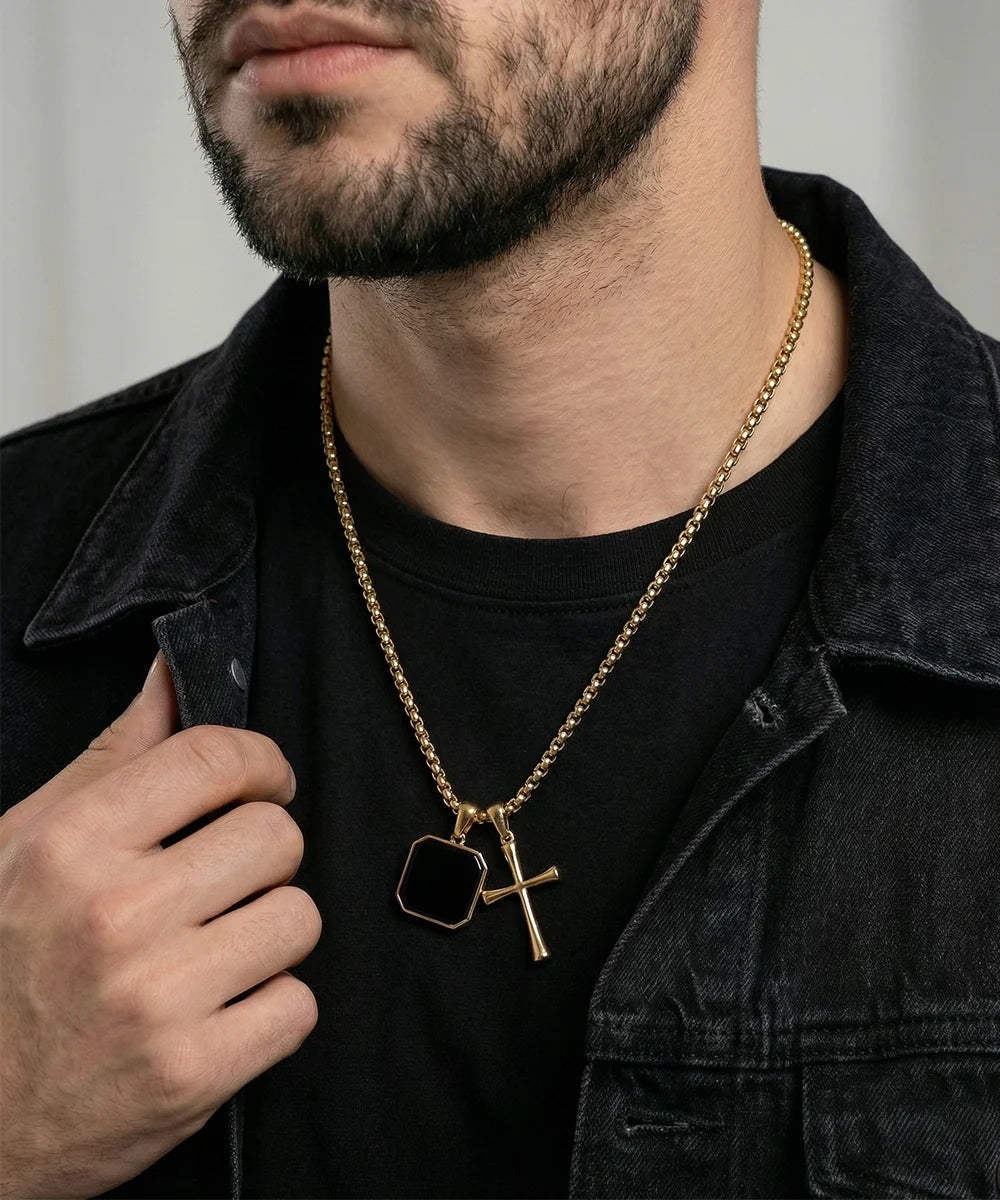 Men's stainless steel octagon pendant with 24-inch round box chain