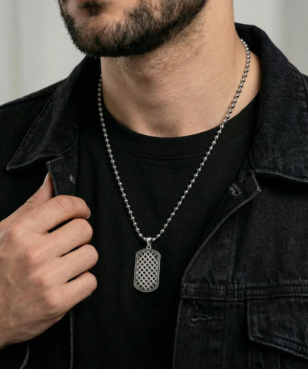 Black Cubic Zirconia Patterned Dog Tag Pendant